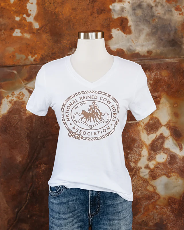 NRCHA Ladies White Vintage Logo Short Sleeve V-Neck T-shirt