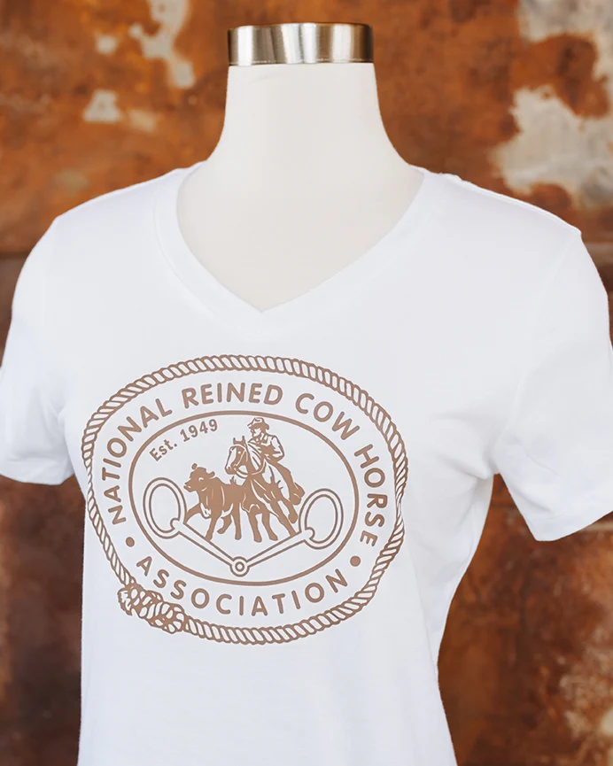 NRCHA Ladies White Vintage Logo Short Sleeve V-Neck T-shirt - Image 2