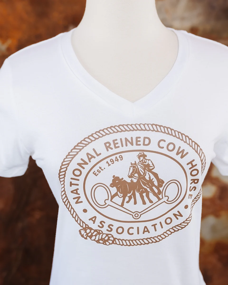 NRCHA Ladies White Vintage Logo Short Sleeve V-Neck T-shirt - Image 3