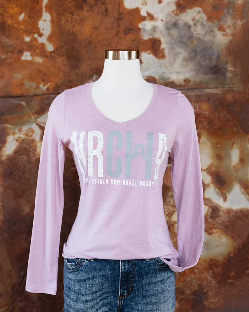 NRCHA Ladies Wisteria Pink Distressed Logo Long Sleeve V-Neck T-shirt
