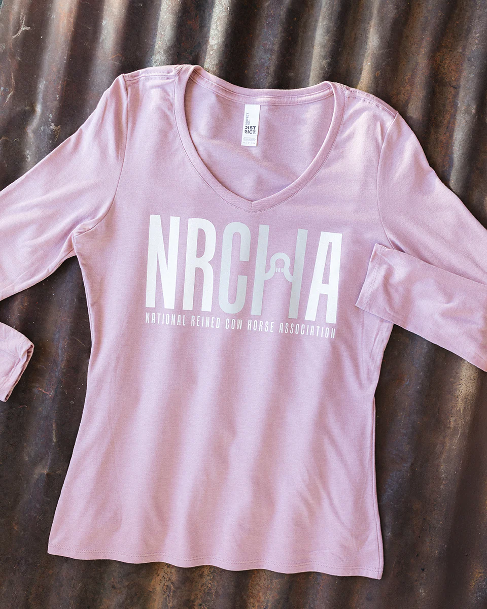 NRCHA Ladies Wisteria Pink Distressed Logo Long Sleeve V-Neck T-shirt - Image 2