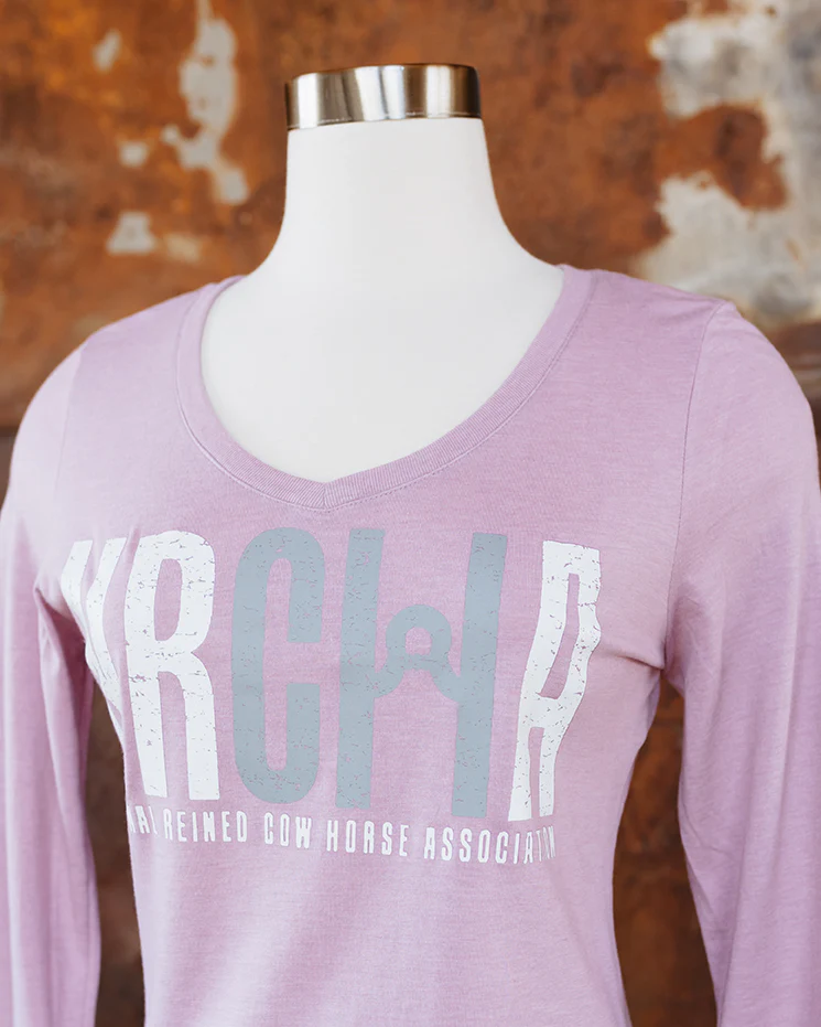 NRCHA Ladies Wisteria Pink Distressed Logo Long Sleeve V-Neck T-shirt - Image 3