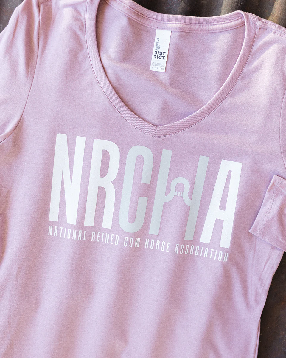 NRCHA Ladies Wisteria Pink Distressed Logo Long Sleeve V-Neck T-shirt - Image 4
