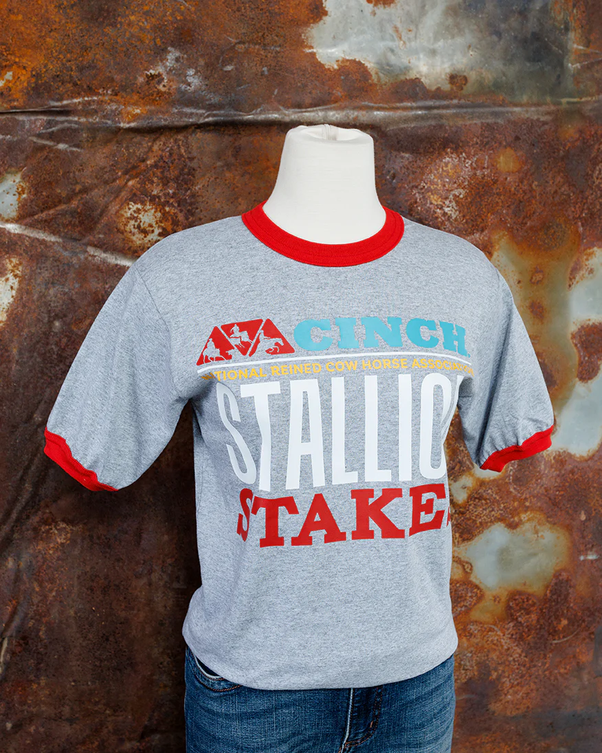 NRCHA STALLION STAKES 2026 Men's/Unisex Grey and Red Ringer Short Sleeve T-shirt - Image 3