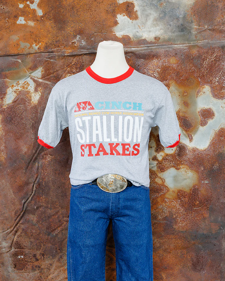 NRCHA STALLION STAKES 2026 Men's/Unisex Grey and Red Ringer Short Sleeve T-shirt - Image 4