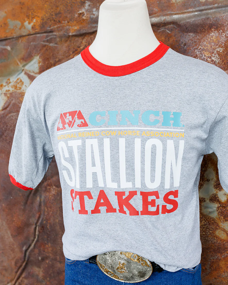NRCHA STALLION STAKES 2026 Men's/Unisex Grey and Red Ringer Short Sleeve T-shirt - Image 5