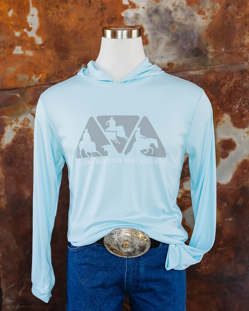 NRCHA Unisex Paragon Performance Hooded Aqua Blue Long Sleeve Tee