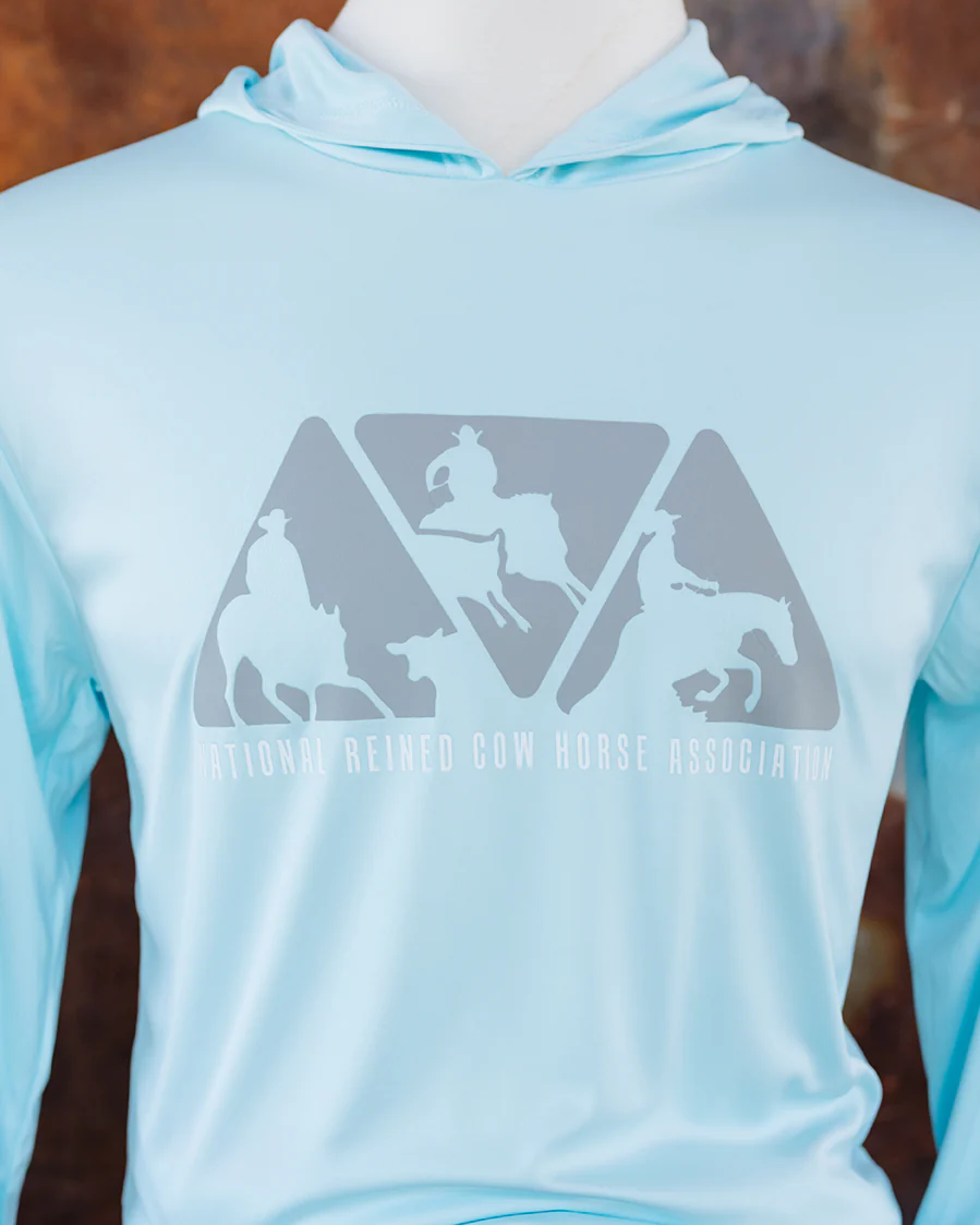 NRCHA Unisex Paragon Performance Hooded Aqua Blue Long Sleeve Tee - Image 2
