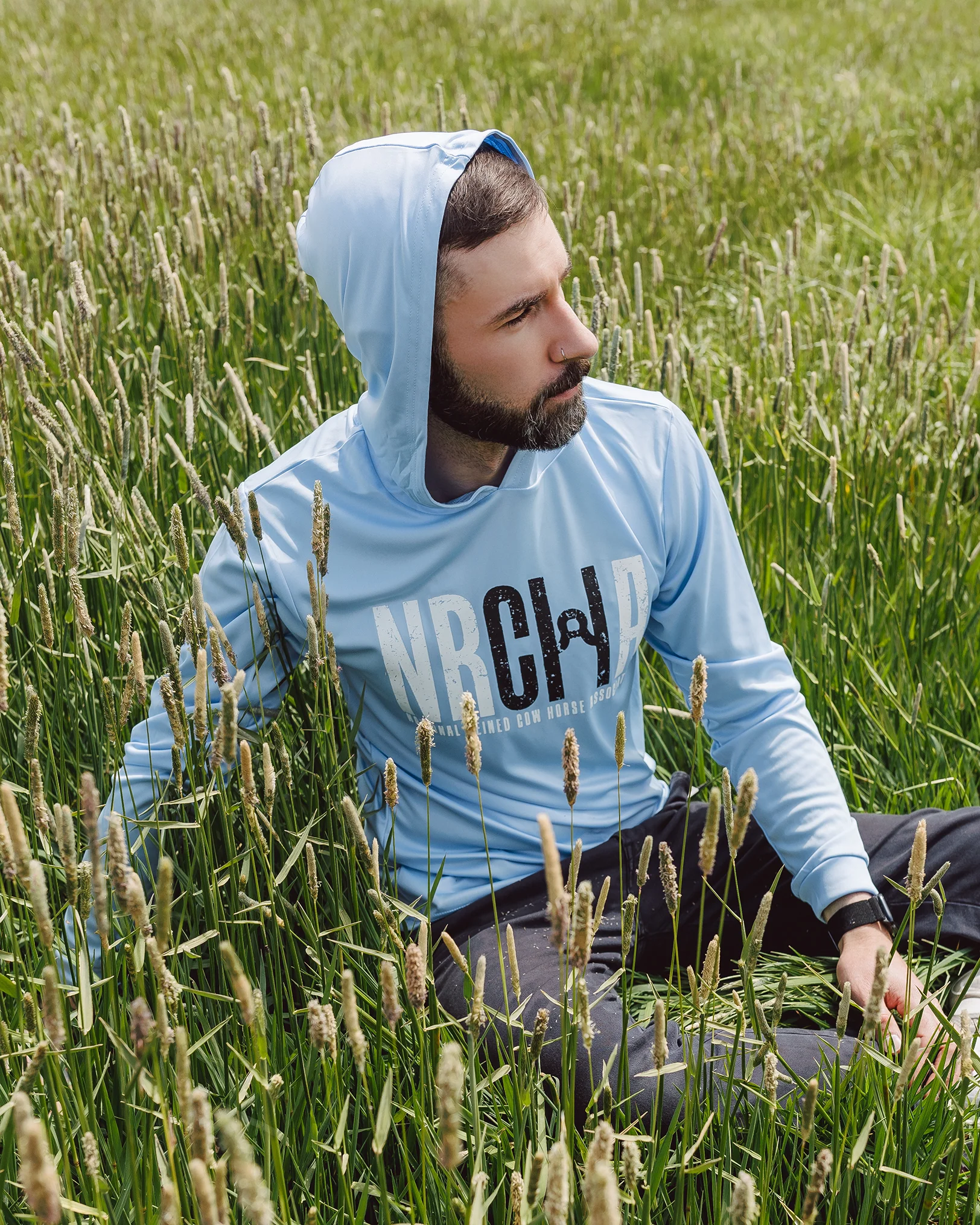 NRCHA Unisex Paragon Sun Protection Hooded Blue Mist Long Sleeve Tee - Image 2