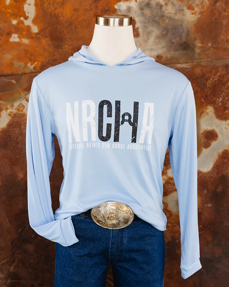 NRCHA Unisex Paragon Sun Protection Hooded Blue Mist Long Sleeve Tee - Image 3