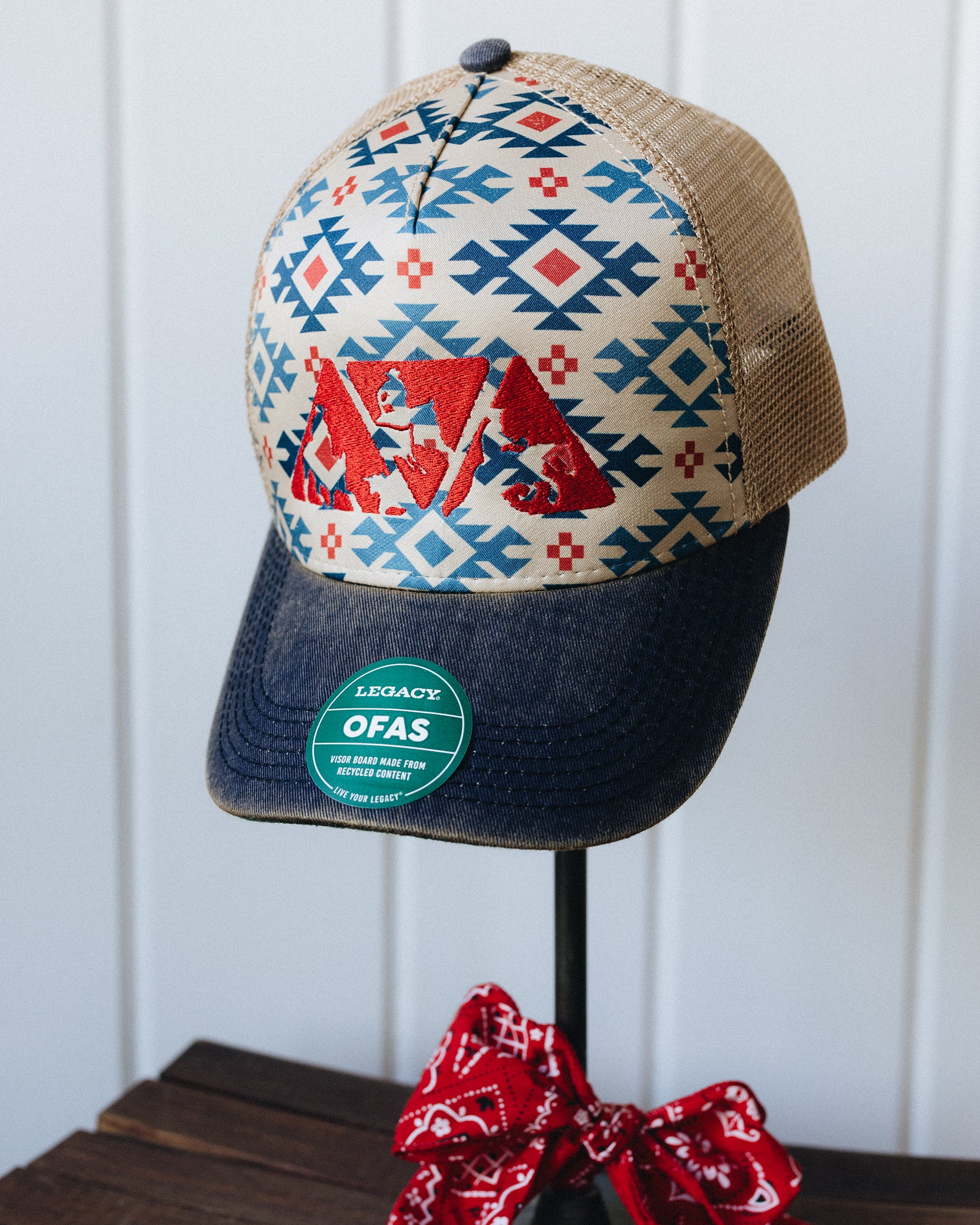 Tan, red and Blue Southwest Print NRCHA Logo Mesh Hat - Image 2