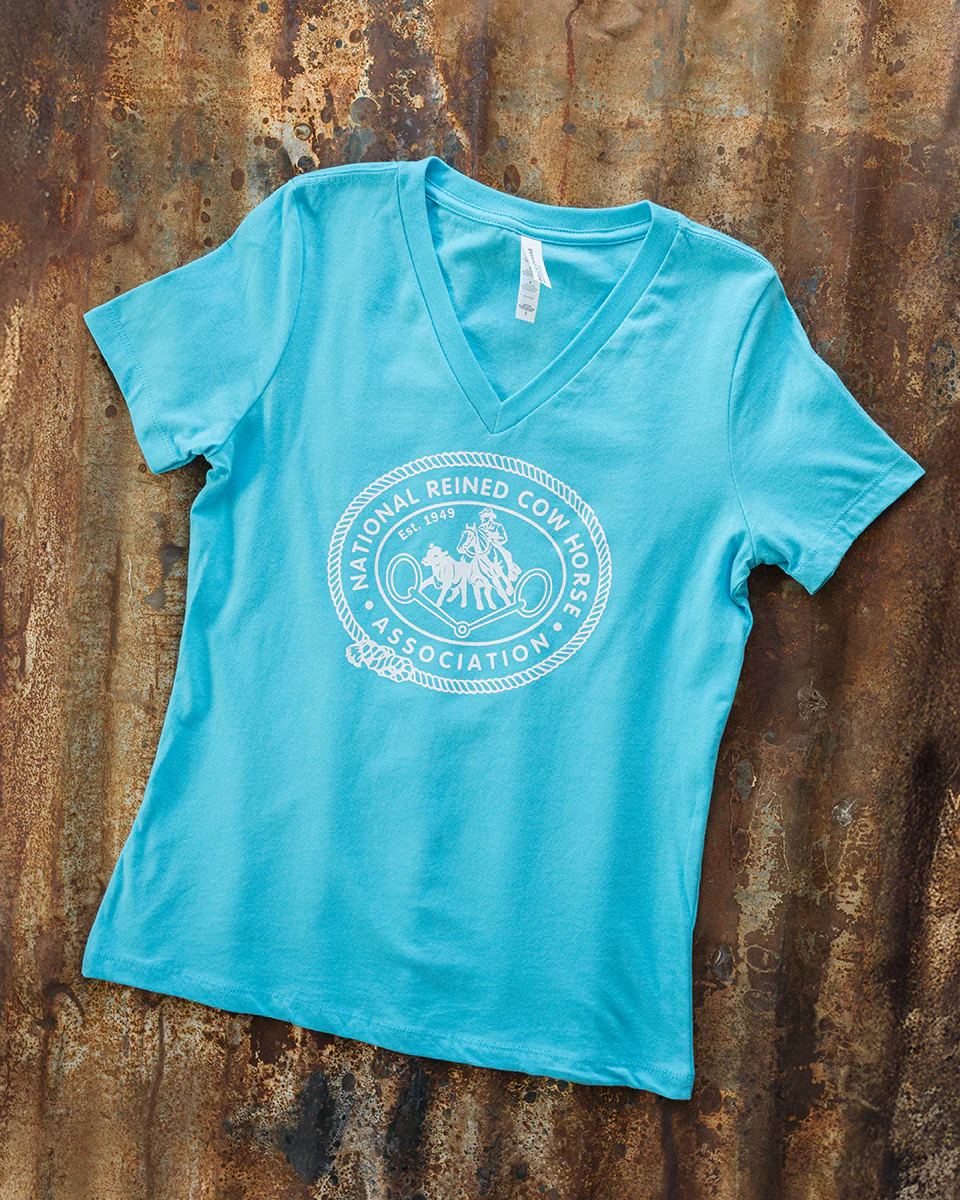 Women's Retro NRCHA Logo Turquoise V Neck - Image 4